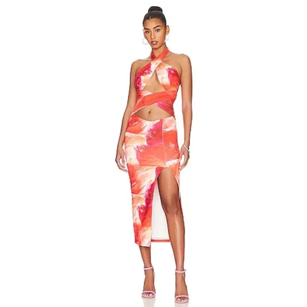 NWT superdown Pixie Halter Cutout Midi Dress Pink Multi Bloggers Favorite Size S